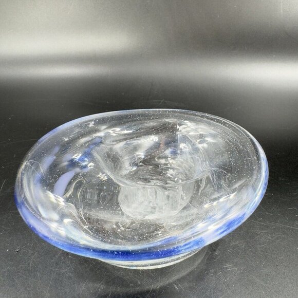 Vintage Hand Blown Art Glass Dish Bowl Clear With Blue Spots Hand Made Glass VTG - Picture 13 of 16